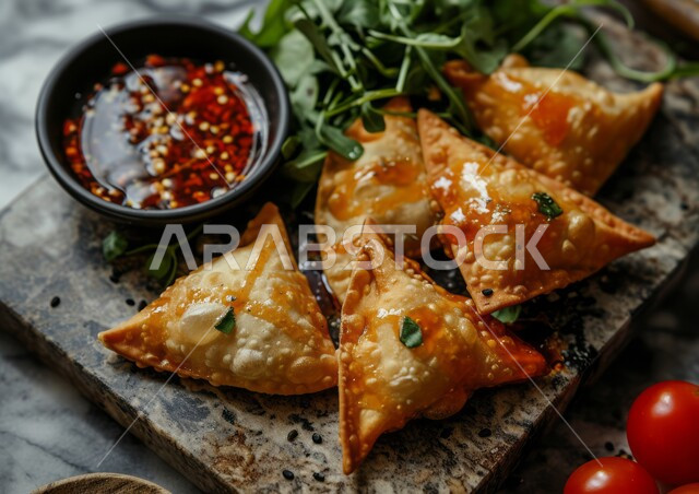 Delicious Ramadan appetizers, fried pies with various fillings, main dishes in the Iftar meal for the holy month of Ramadan, recipes for delicious Saudi Arabian and Eastern Arabic foods, a plate of crispy sambousek with vegetables and sauces.