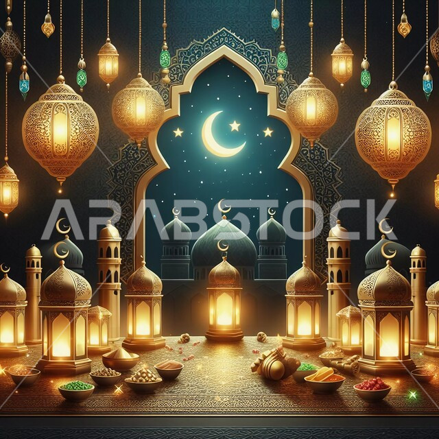 مناسبات وأعياد دينية إسلامية، تحف وفوانيس معلقة مضيئة، الاحتفال بقدوم شهر الخير، أطباق لأطعمة متنوعة على مائدة الإفطار، إضاءة وزينة شهر رمضان المبارك، ديكورات وأنوار في الأجواء الرمضانية الروحانية