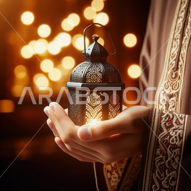 ديكورات وأنوار في الأجواء الرمضانية الروحانية، إضاءة وزينة شهر رمضان المبارك، صورة مقربة لأيدي رجل عربي يحمل فانوس معدني مضيء، فوانيس وتحف اسلامية للاحتفال بقدوم شهر الخير, خلفية ضبابية