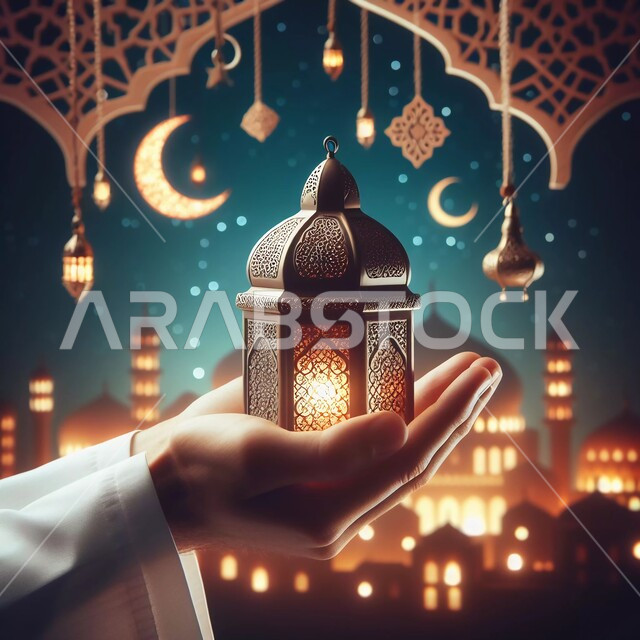 إضاءة وزينة شهر رمضان المبارك، فوانيس وتحف اسلامية للاحتفال بقدوم شهر الخير، صورة مقربة لأيدي رجل عربي يحمل فانوس معدني مضيء، ديكورات وأنوار في الأجواء الرمضانية الروحانية