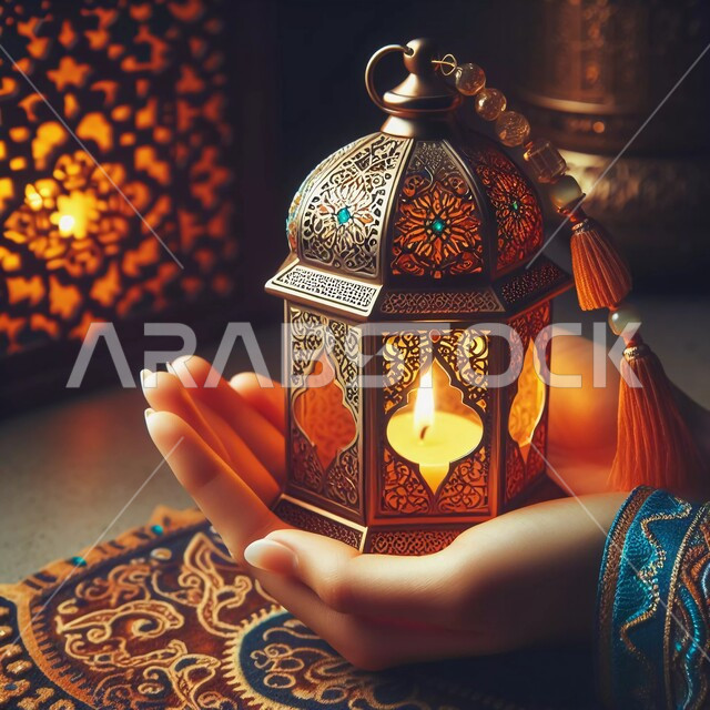 فوانيس وتحف اسلامية للاحتفال بقدوم شهر الخير، صورة مقربة لأيدي إمرأة عربية تحمل فانوس معدني مضيء، إضاءة وزينة شهر رمضان المبارك، ديكورات وأنوار في الأجواء الرمضانية الروحانية