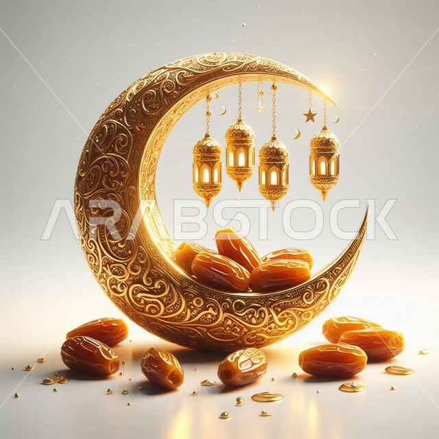 مجسم ثلاثي الأبعاد لهلال شهر رمضان المبارك باللون الذهبي وفوانيس معلقة مضيئة، مجموعة من حبات التمر الشقراء، وجبة غذائية ذات قيمة عالية، الاحتفال بقدوم شهر الخير، زينة وديكورات رمضانية وأجواء روحانية، خلفية بيضاء