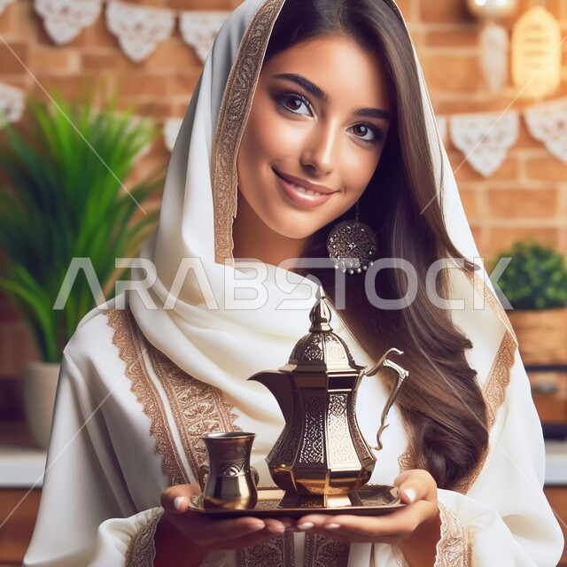 الأجواء الروحانية الرمضانية، تقديم المنتجات المحلية للضيوف، الاستمتاع بالمشروبات الساخنة، صورة مقربة لإمرأة عربية خليجية سعودية محجبة تقوم بحمل الدلة النحاسية وكوب، النظر إلى الكاميرا بايماءات السعادة والسرور