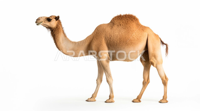 تربية حيوانات الجمل في المملكة العربية السعودية، ناقة بيضاء عربية اصيلة، صورة لجمل أشقر اللون على خلفية بيضاء، مفهوم رعاية المواشي والثدييات