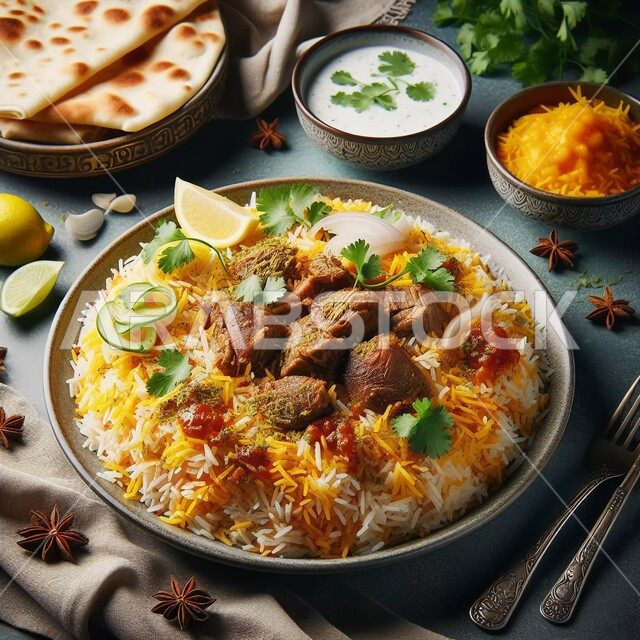 طبق من أرز البرياني مع قطع اللحم, رز أبيض مبهر مزين بالبقدونس وقطع الليمون, مأكولات هنديه شهية, أطباق شعبيه ومقبلات, عزائم وولائم ووصفات متميزة في مطاعم المملكه العربيه السعوديه