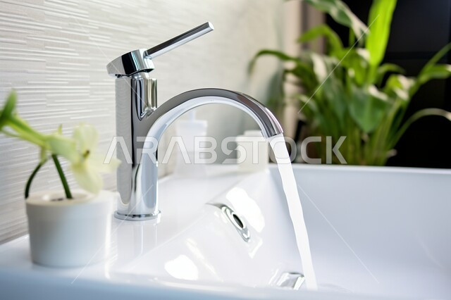 ادوات صحيه من الخزف الأبيض صناعة سعودية، صورة مقربه لمغسله مع حنفية ماء، دورات مياه حديثه، منازل وفنادق راقيه في المملكه العربية السعودية