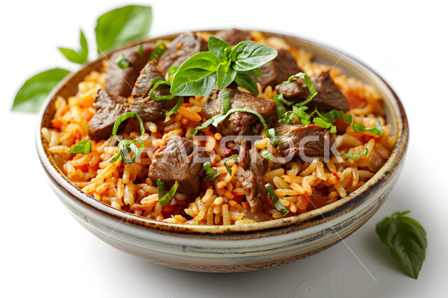 أرز كابولي على خلفية بيضاء، مطابخ ومطاعم شرقية، طبق أرز شعبي مع اللحم المبهر مجهز في المطبخ السعودي، وصفات شرقية تقليدية مشهية ولذيذة، طبق سعودي تقليدي مزين بالخضراوات جاهز