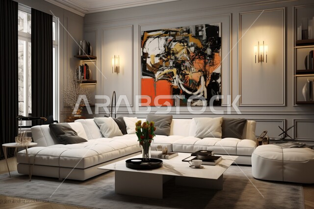 تصميم داخلي معاصر لغرفة معيشة، آثاث منزلي بسيط وراقي، شقق وفلل سكنية سياحية بتصاميم فاخرة، تحف وديكورات داخلية، لوحات فنية ملونة، فنادق ومنتجعات فاخره 