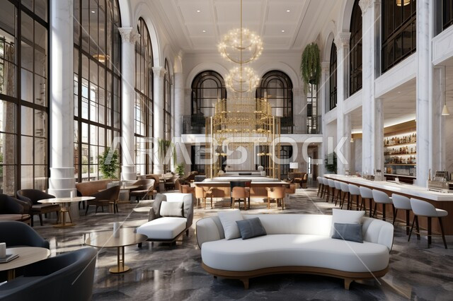 عرض ثلاثي الأبعاد لغرفة استقبال فندقي فاخروصالة مطعم، عرض ثلاثي الأبعاد لدور علوي واستقبال فندقي فاخر ومطعم صالة المقهى، ديكورات بألوان جذابة، تصميم مطعم عصري وآثاث راقي 