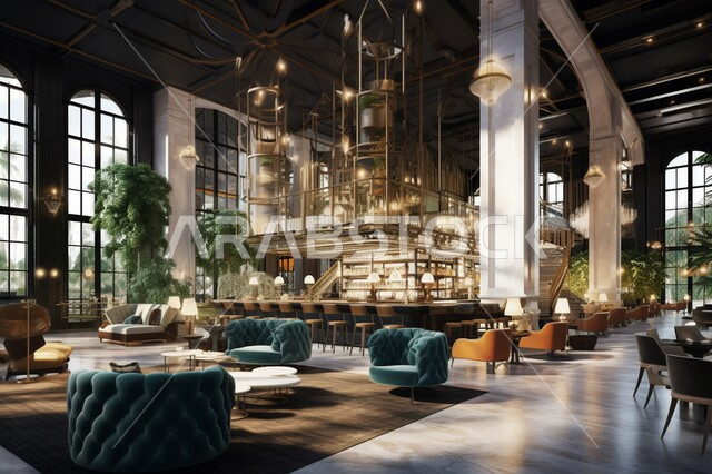  تصميم مطعم عصري وآثاث راقي، عرض ثلاثي الأبعاد لغرفة استقبال فندقي فاخر و صالة مطعم، عرض ثلاثي الأبعاد لدور علوي واستقبال فندقي فاخر ومطعم صالة المقهى، ديكورات بألوان جذابة