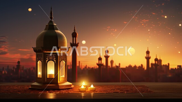 العادات والتقاليد العربية في زينة الأعياد والمناسبات الدينية, مصباح معدني مزخرف مضيئ احتفالا بقدوم شهر الخير, عساكم من عواده، العبادة والتقرب من الله، تحف واكسسوارات شهر رمضان المبارك، خلفية رمضانية روحانية