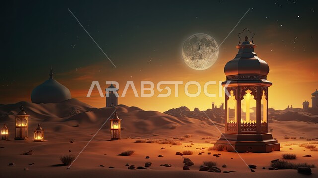 تحف واكسسوارات شهر رمضان المبارك، زينة وأنوار للاعياد والمناسبات، مجسمات ثلاثية الابعاد لفوانيس مزخرفة على رمال الصحراء الذهبية الناعمة، عساكم من عواده ، قدوم شهر الخير ،  أجواء وروحانيات إسلامية