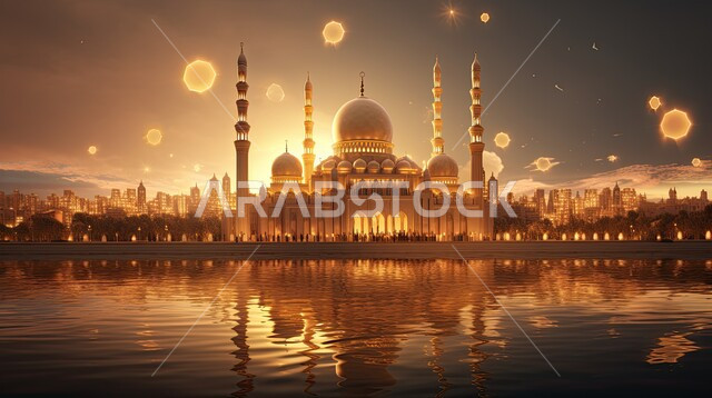 الهندسة المعمارية الإسلامية لمسجد إسلامي بتصاميم عصرية, انعكاس الطبيعة ومجسم المسجد على سطح المياه , العبادة والتقرب من الله, الروحانية والسكينة في الجامع مراكز تجمع المسلمين لتعلم القيم الدينية, الأماكن المقدسة في السعودية