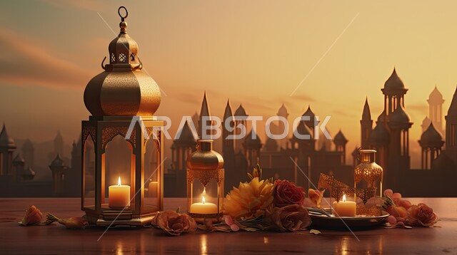 The advent of the month of goodness, antiques, accessories, and lanterns for the holy month of Ramadan, decorations and lights for holidays and occasions, 3D models of decorated lanterns on a wooden table, your wishes from Awadah, Islamic atmosphere and spirituality.