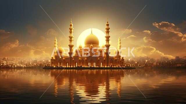 انعكاس مجسم المسجد على سطح المياه عند غروب الشمس, الهندسة المعمارية الإسلامية لمسجد إسلامي بتصاميم عصرية, العبادة والتقرب من الله, مراكز تجمع المسلمين لتعلم القيم الدينية, الأماكن المقدسة في السعودية, الروحانية والسكينة في الجامع