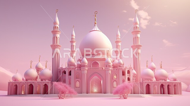 المعالم الإسلامية المقدسة، التصاميم العصرية على الطراز الحديث والمتطور لبناء المساجد في المملكة العربية السعودية, أجواء روحانية إسلامية, مجسم ثلاثي الابعاد لجامع باللون الزهر بزخارف إسلامية, العبادة وىالتقرب من الله, مقصد المسلمين لأداء الصلوات