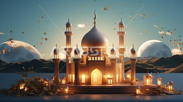 الزخارف الاسلامية والتصاميم العصرية على الطراز الحديث للجوامع، مجسم ثلاثي الابعاد للمسجد والمآذن مع الفوانيس المضيئة، أداء العبادات والتقرب من الله، الاعياد والمناسبات الدينية،  قالب تصميم إسلامي لاستقبال شهر رمضان المبارك