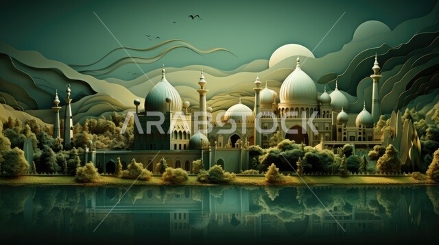 ديكورات طبيعة وتصاميم اسلامية مزخرفة، مجسم ثلاثي الابعاد للمسجد والمآذن على الطراز العصري الحديث، دعوة المسلمين إلى الصلاه وأداء الفرائض الدينية، أماكن ومعالم مقدسة في السعودية، الروحانية والسكينة في الجامع، انعكاس ظل المسجد والأشجار على المياه