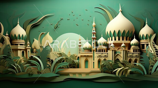 مراكز تجمع المسلمين لتعلم القيم الدينية وأداء الفرائض, اكسسوارات وزينة عربية ، الفن الهندسي الحديث لديكورات مسجد إسلامي ثلاثي الأبعاد بتصميم عصري، أماكن ومعالم مقدسة في السعودية, زخارف عربية إسلامية، خلفية خضراء  