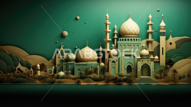 الروحانية والسكينة في الجامع، الفن الهندسي الحديث لديكورات مسجد إسلامي ثلاثي الأبعاد بتصميم عصري، أماكن ومعالم مقدسة في السعودية, مراكز تجمع المسلمين لتعلم القيم الدينية, اكسسوارات وزينة عربية اسلامية،  خلفية أخضر