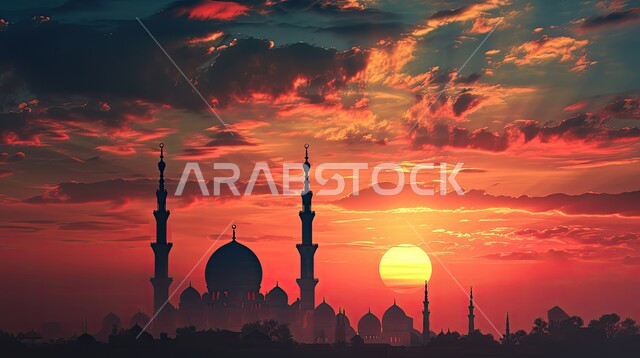 منظر السماء المليئة بالغيوم عند غروب الشمس, العباده والتقرب إلى الله, دعوة المسلمين إلى الصلاه وأداء الفرائض الدينية,  صورة للقبب و المآذن على الطراز الإسلامي العصري الحديث، الفن الهندسي المعماري, أماكن ومعالم مقدسة في السعودية