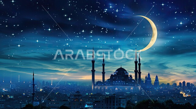 الهندسة المعمارية الإسلامية لمسجد بتصاميم عصرية, الهلال والزخارف الإسلامية، الأعياد والمناسبات الدينية, مركز تجمع المسلمين لتعلم القيم الدينية, الروحانية والسكينة في الجوامج, أداء العبادات والتقرب من الله , خلفية إسلامية وأجواء رمضانية