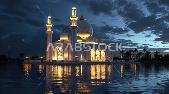 دعوة المسلمين إلى الصلاه وأداء الفرائض الدينية، ديكورات مضيئة وتصاميم اسلامية مزخرفة، مجسم ثلاثي الابعاد للمسجد والمآذن على الطراز العصري الحديث، الروحانية والسكينة في الجامع،  أماكن ومعالم مقدسة في السعودية، الأجواء الشتوية الغائمة  في المساء