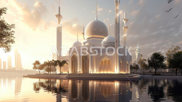 مجسم ثلاثي الابعاد للمسجد والمآذن على الطراز العصري الحديث، دعوة المسلمين إلى الصلاه وأداء الفرائض الدينية، ديكورات مضيئة وتصاميم اسلامية مزخرفة، أماكن ومعالم مقدسة في السعودية، انعكاس الطبيعة ومجسم المسجد على مكان تجمع المياه، الروحانية والسكينة في الجامع