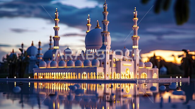 ديكورات مضيئة وتصاميم اسلامية مزخرفة، مجسم ثلاثي الابعاد للمسجد والمآذن على الطراز العصري الحديث، دعوة المسلمين إلى الصلاه وأداء الفرائض الدينية، أماكن ومعالم مقدسة في السعودية، الروحانية والسكينة في الجامع، الأجواء الشتوية الغائمة  هطول المطر