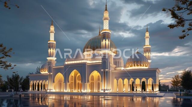 ديكورات مضيئة وتصاميم اسلامية مزخرفة، مجسم ثلاثي الابعاد للمسجد والمآذن على الطراز العصري الحديث، دعوة المسلمين إلى الصلاه وأداء الفرائض الدينية، أماكن ومعالم مقدسة في السعودية، الروحانية والسكينة في الجامع، الأجواء الشتوية الغائمة بعد هطول المطر