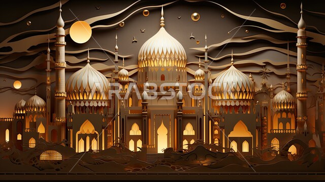 التصاميم العصرية على الطراز الحديث والمتطور لبناء المساجد في المملكة العربية السعودية, مجسم ثلاثي الابعاد لجامع باللون الذهبي بزخارف إسلامية, العبادة وىالتقرب من الله, أجواء روحانية إسلامية, مقصد المسلمين لأداء الصلوات, المعالم الإسلامية المقدسة