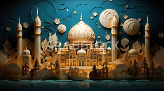 Modern geometric art for Islamic mosque decorations with a modern design, sacred places and landmarks in Saudi Arabia, centers for gathering Muslims to learn religious values, Arab accessories and decorations, spirituality and tranquility in the mosque, Islamic matters and worship