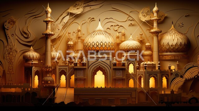 مقصد المسلمين لأداء الصلوات, التصاميم العصرية على الطراز الحديث والمتطور لبناء المساجد في المملكة العربية السعودية, مجسم ثلاثي الابعاد لجامع مضيء بزخارف إسلامية, المعالم الإسلامية المقدسة، العبادة وىالتقرب من الله, أجواء روحانية إسلامية