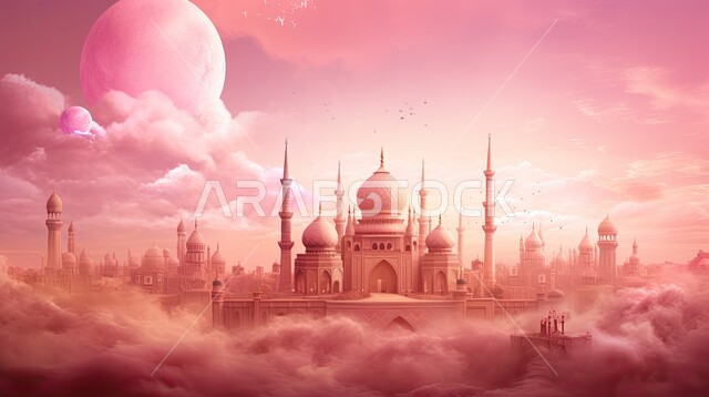 Modern designs in the modern and advanced style of building mosques in the Kingdom of Saudi Arabia, a three-dimensional model of a colorful mosque with luxurious decor, worship and getting closer to God, an Arab Islamic background