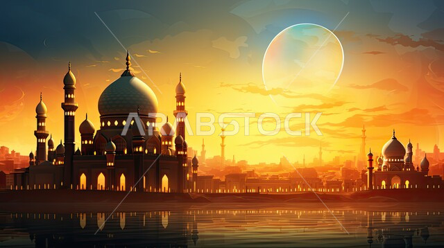 مركز تجمع المسلمين لأداء العبادات والصلوات, زخارف عربية اسلامية, مجسم ثلاثي الابعاد للمسجد والمآذن بتصاميم وديكورات عصرية حديثة وقت الغروب، العبادة والتقرب من الله, , أماكن ومعالم مقدسة في المملكة العربية السعودية