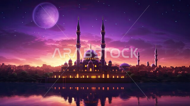  انعكاس الطبيعة ومجسم المسجد على سطح المياه, الهندسة المعمارية الإسلامية لمجسم ثلاثي الأبعاد لمسجد إسلامي بتصاميم عصرية, الأماكن المقدسة في السعودية, العبادة والتقرب من الله, الروحانية والسكينة في الجامع, مراكز تجمع المسلمين لتعلم القيم الدينية, خلفية  بنفسجي