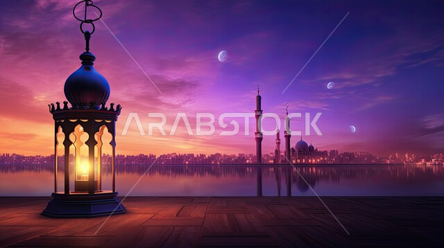 تحف وفوانيس تقليدية للاحتفال بقدوم شهر رمضان المبارك، أجواء رمضانية وروحانية، فانوس عربي معدني مزخرف مضيء على سطح خشبي، زينة الاعياد والمناسبات الدينية، ديكورات وأنوار إسلامية، خلفية ارجوانية