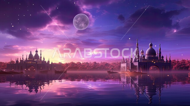 الهندسة المعمارية الإسلامية لمسجد إسلامي بتصاميم عصرية, انعكاس ظل القبب والمآذن على سطح المياه, العبادة والتقرب من الله, الروحانية والسكينة في الجامع، مراكز تجمع المسلمين لتعلم القيم الدينية, الأماكن المقدسة في السعودي، خلفية ارجوانية