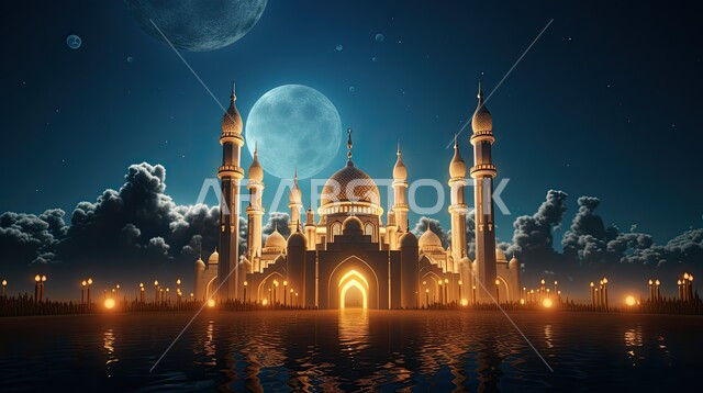 ديكورات مضيئة وتصاميم اسلامية مزخرفة، أماكن ومعالم مقدسة في السعودية، الروحانية والسكينة في الجامع، انعكاس ظل المسجد على سطح المياه مساءً, مجسم ثلاثي الابعاد للمسجد والمآذن على الطراز العصري الحديث، دعوة المسلمين إلى الصلاه وأداء الفرائض الدينية