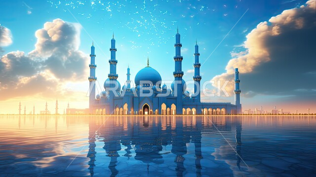 زخارف عربية اسلامية, الفن الهندسي الحديث لمسجد إسلامي بتصميم عصري، أماكن ومعالم مقدسة في السعودية, مراكز تجمع المسلمين لتعلم القيم الدينية, انعكاس مجسم الجامع على سطح المياه, أداء العبادات والتقرب من الله