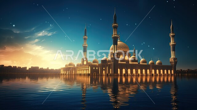  الروحانية والسكينة في الجامع، ديكورات مضيئة وتصاميم اسلامية مزخرفة، أماكن ومعالم مقدسة في السعودية، دعوة المسلمين إلى الصلاه وأداء الفرائض الدينية، انعكاس ظل المسجد على سطح المياه مساءً, مجسم ثلاثي الابعاد للمسجد والمآذن على الطراز العصري الحديث