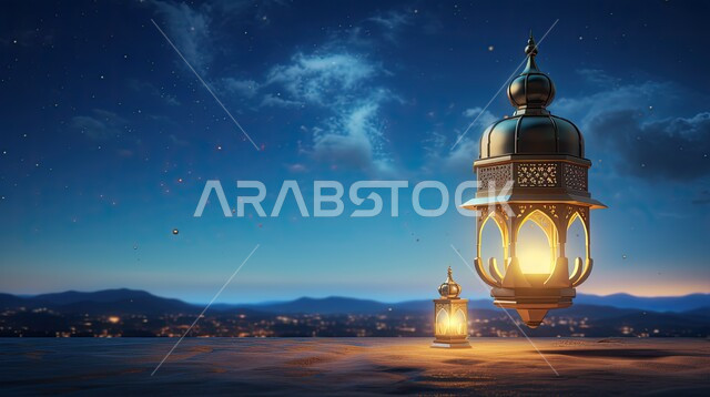 العادات والتقاليد العربية في زينة الأعياد والمناسبات الدينية, فوانيس وتحف تقليدية للاحتفال بقدوم شهر رمضان المبارك، أجواء رمضانية وروحانية إسلامية، فوانيس عربية معدنية مزخرفة مضيئة في الليل، عساكم من عواده