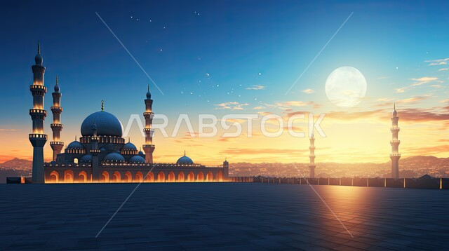 العبادة والتقرب من الله, مركز تجمع المسلمين لأداء العبادات والصلوات, زخارف عربية اسلامية, أماكن ومعالم مقدسة في المملكة العربية السعودية, مجسم ثلاثي الابعاد للمسجد والمآذن بتصاميم وديكورات عصرية حديثة وقت الغروب