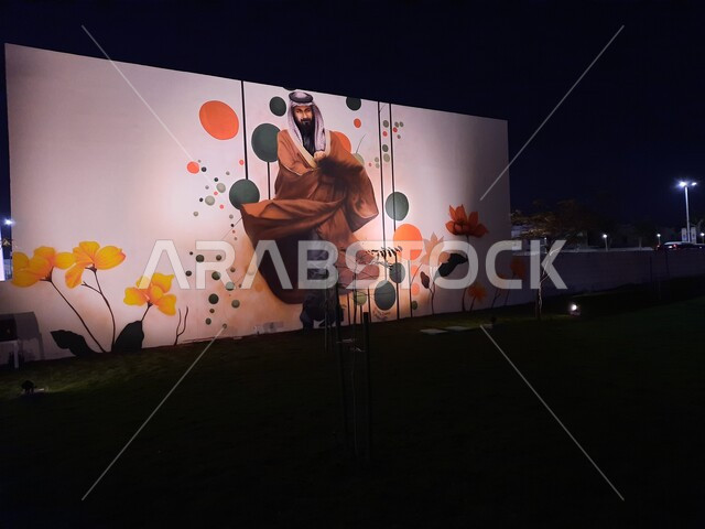 لوحة فنية تعرض صورة الأمير محمد بن سلمان آل سعود، الاهتمام بالمنتزهات والحدائق، معالم وأماكن سياحة عائلية ترفيهية، الطبيعة في المملكة العربية السعودية، الديكورات و التصاميم في حديقة المناسبات بينبع