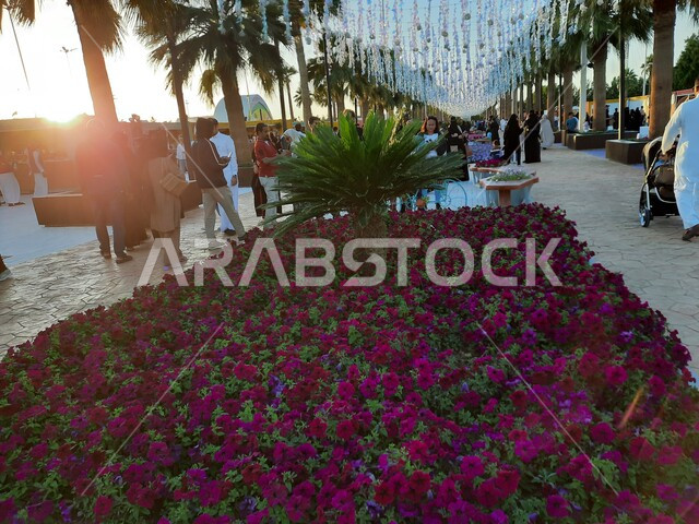 الحفاظ على البيئة والتنمية المستدامة، وجهه عائلية بيئية ثقافية وترفيهية، سجادة الأزهار الملونة في مهرجان الورود والحدائق، معارض ومهرجانات طبيعية سياحية في المملكة العربية السعودية، الديكورات والتصاميم في حديقة المناسبات بمدينة ينبع الصناعية