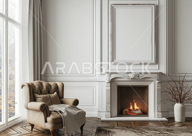 تصاميم فنية هندسية للشقق والفلل السكنية، منتجعات وشاليهات فاخرة في السعودية، غرفة معيشه بتصاميم عصرية حديثه مع مدفأة حطب، غرف جلوس بديكورات داخليه مع تحف وإكسسوارات أنيقة، أثاث منزلي أبيض راقي