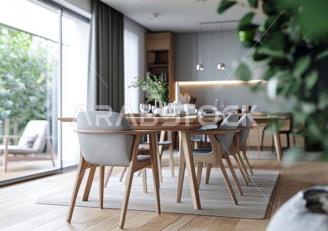 طاولة وكراسي لسفرة الطعام داخل المنزل، غرفة طعام بتصاميم عصرية حديثه، واجهه زجاجية مطلة على الحديقة الخارجية، التصاميم والديكورات الداخلية للفلل والشقق السكنية الفاخرة في السعودية