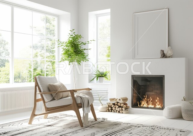 تصاميم فنية هندسية للشقق والفلل السكنية، منتجعات وشاليهات فاخرة في السعودية، غرفة معيشه بتصاميم عصرية حديثه مع مدفأة حطب، غرف جلوس بديكورات داخليه مع تحف وإكسسوارات أنيقة، أثاث منزلي أبيض راقي