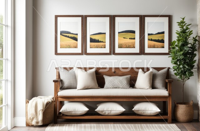 A comfortable wooden seat and board, antiques and accessories with green ornamental plants, wall art paintings and drawings, a living room with modern contemporary designs, living rooms with elegant home furniture in white, the art of design and interior decoration for high-end residential apartments and villas.