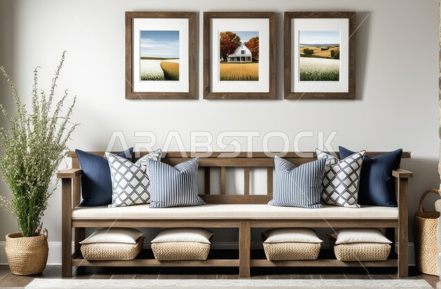  مقعد ومجلس خشبي مريح، تحف واكسسوارات مع نباتات الزينة الخضراء، لوحات ورسومات فنية جدارية، غرفة معيشة بتصاميم عصرية حديثه، غرف جلوس بأثاث منزلي أنيق باللون الأبيض، فن التصميم والديكور الداخلي للشقق والفلل السكنية الراقية